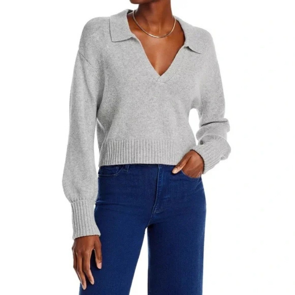 Universal‎ Thread Women's Gray Cropped Polo V Neck Long Sleeve Sweater Size XS